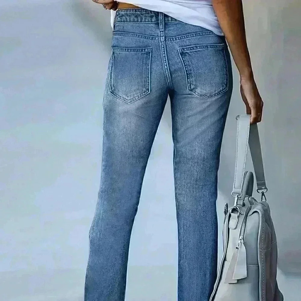 Medium Wash Casual Women's Basic Double-Breasted Denim Jeans - Picture 2 of 3